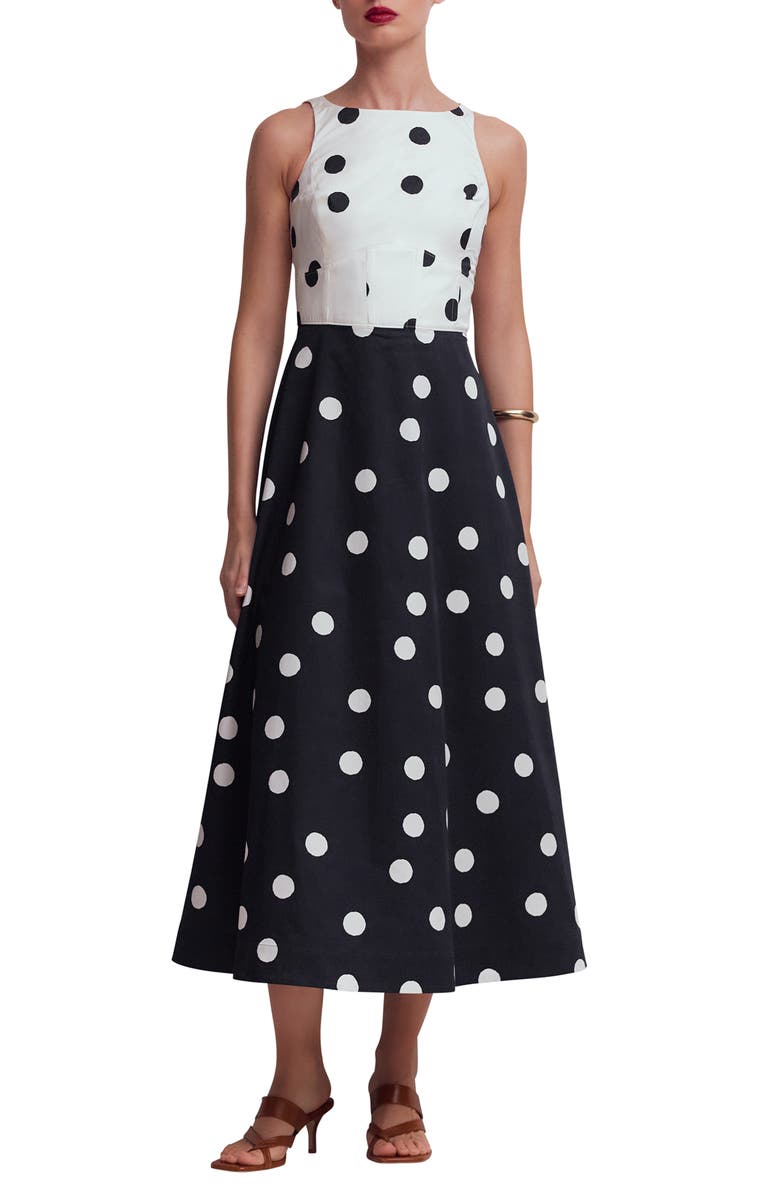 Boden Silvia Boned Bodice Maxi Dress, Main, color, French Navy Painted Spaced Dot