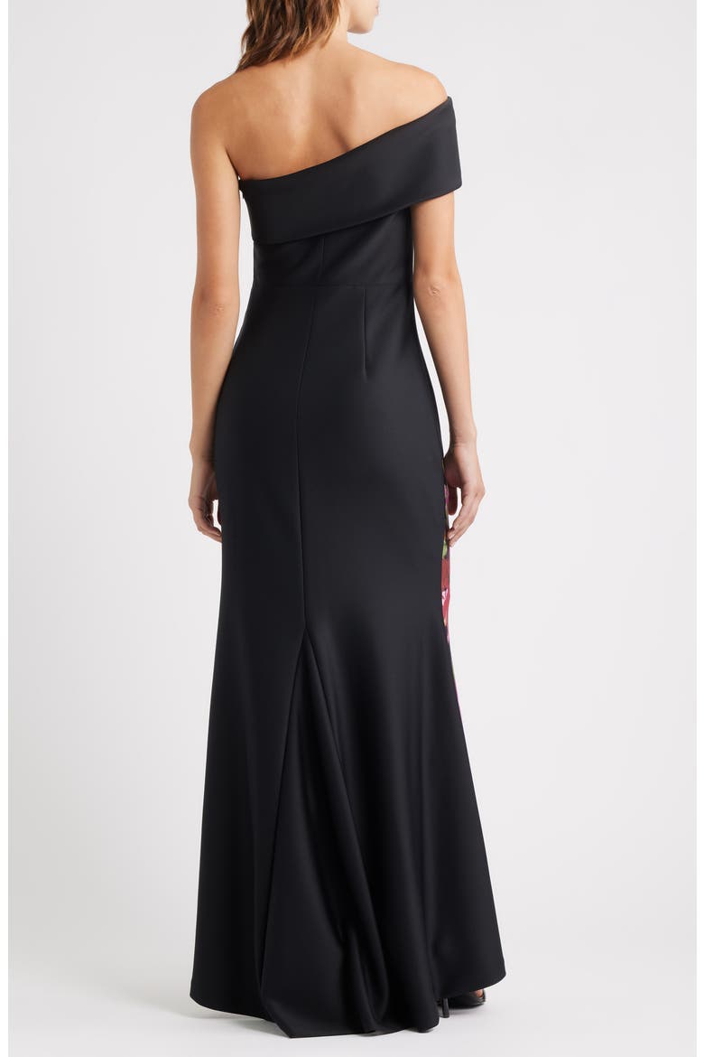 Placed Floral One-Shoulder Gown, Alternate, color, BLACK MULTI