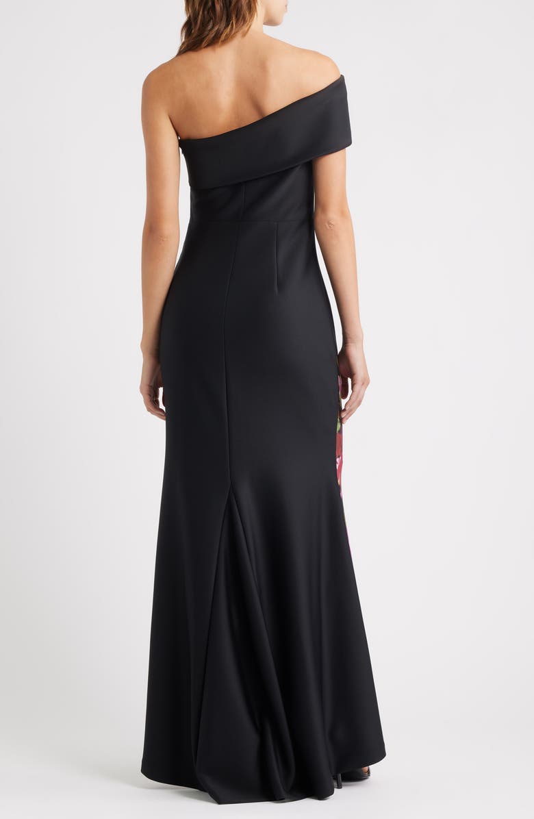 Eliza J Placed Floral One-Shoulder Gown, Alternate, color, Black Multi