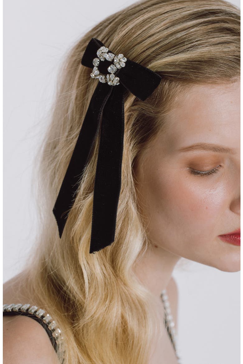 Kinley Crystal Velvet Bow Barrette, Alternate, color, BLACK