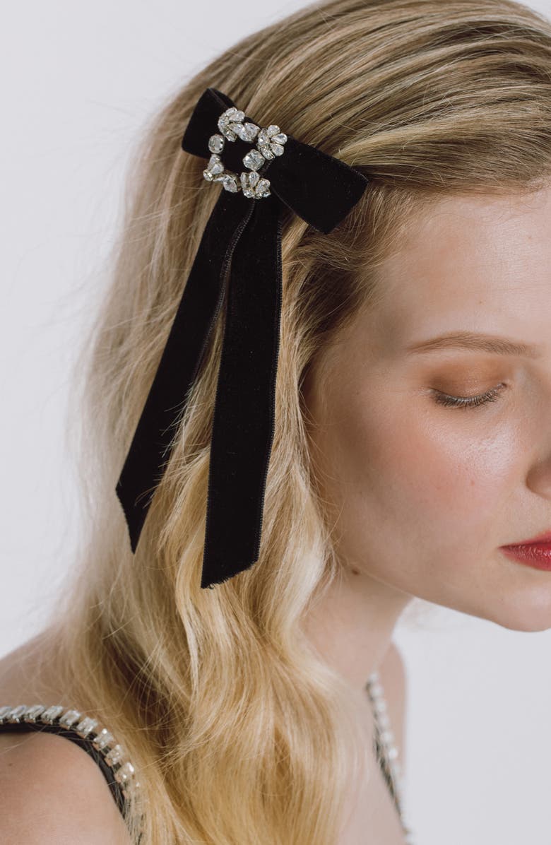 Jennifer Behr Kinley Crystal Velvet Bow Barrette, Alternate, color, Black