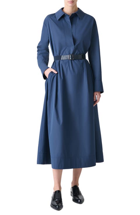 Belted Long Sleeve Cotton & Silk Midi Shirtdress