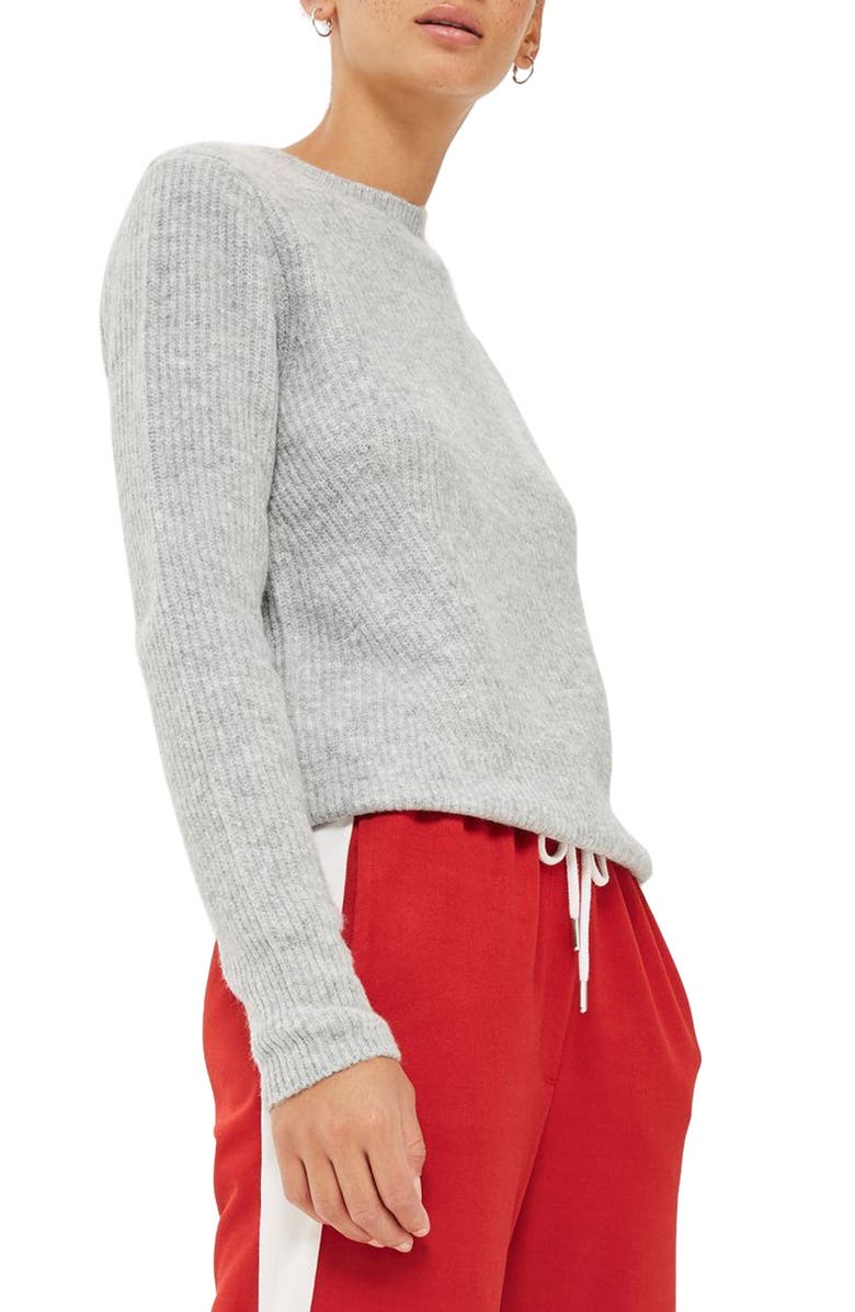 Topshop Ribbed Crewneck Sweater, Main, color, Grey Marl