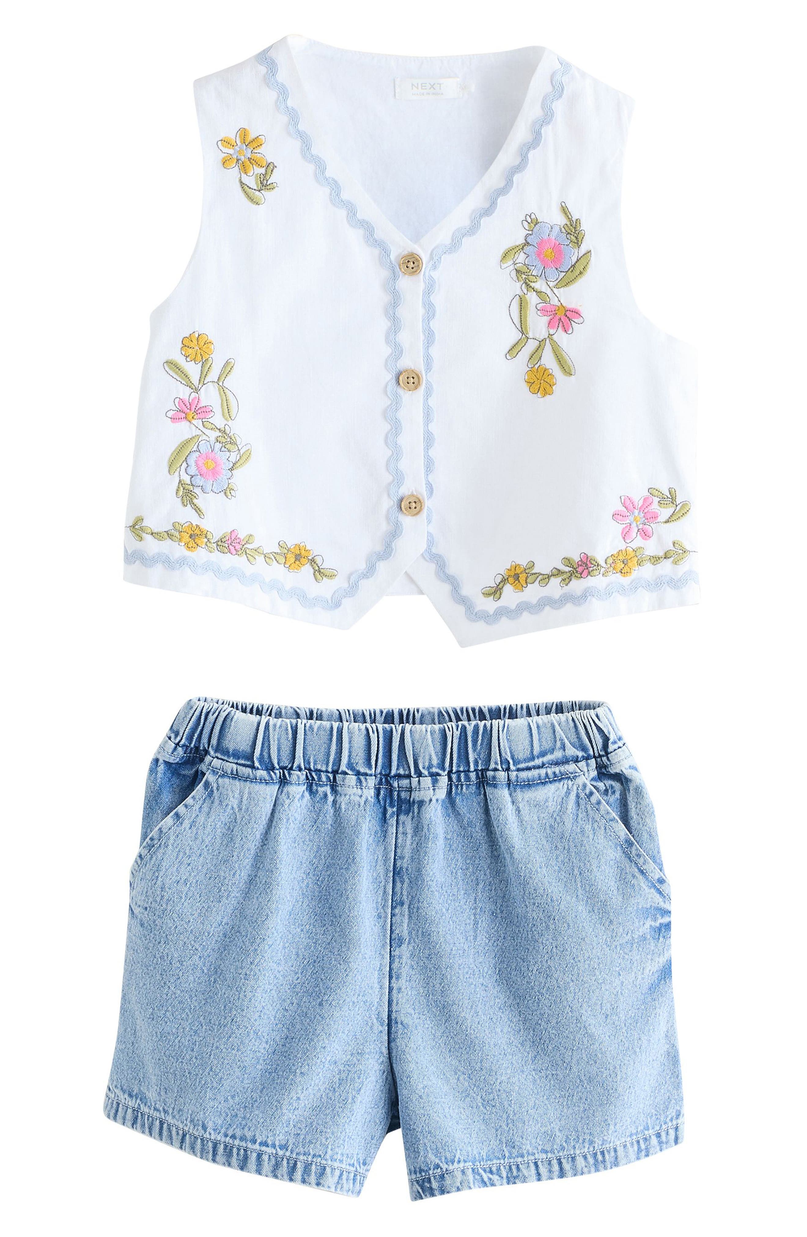 NEXT Kids' Embroidered Vest & Denim Shorts Set