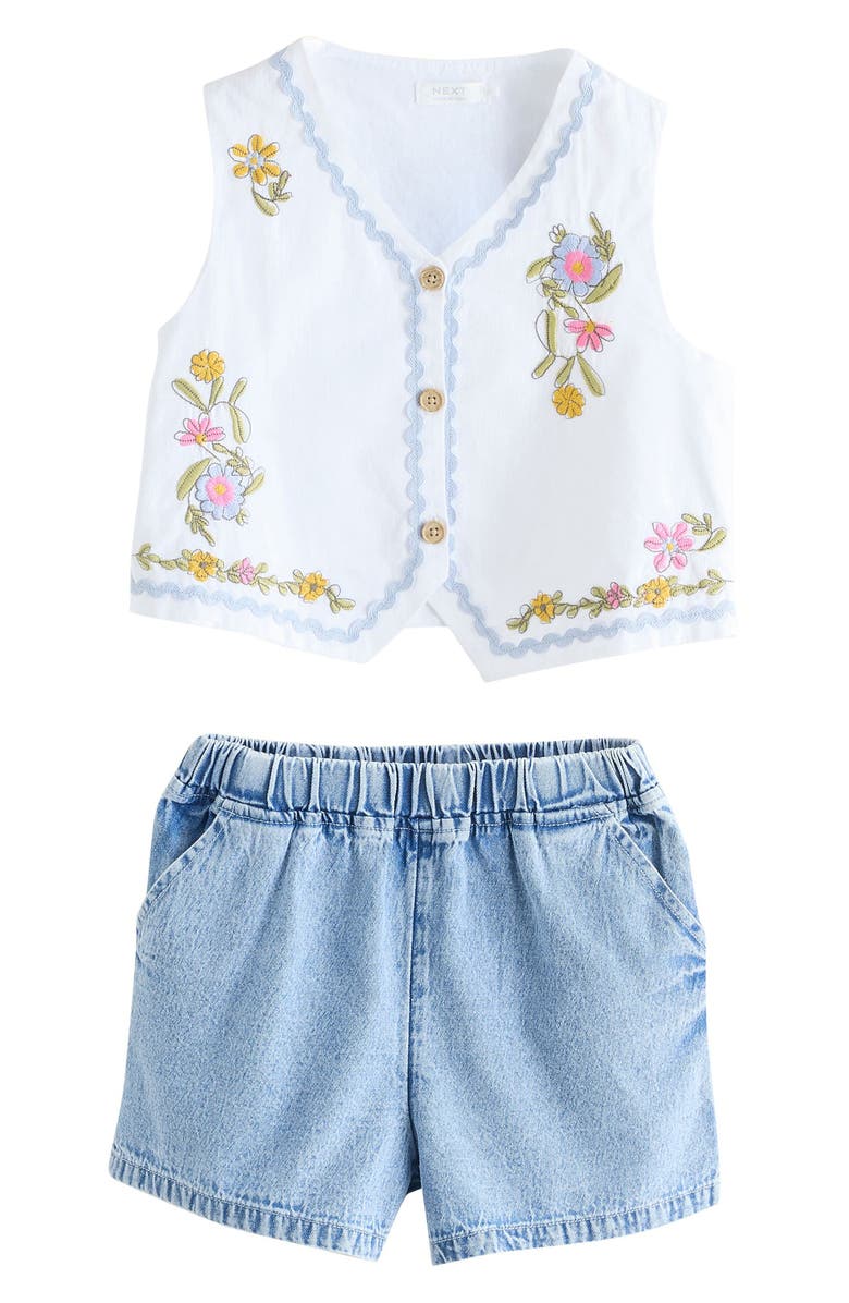 NEXT Kids' Embroidered Vest & Denim Shorts Set, Main, color, White