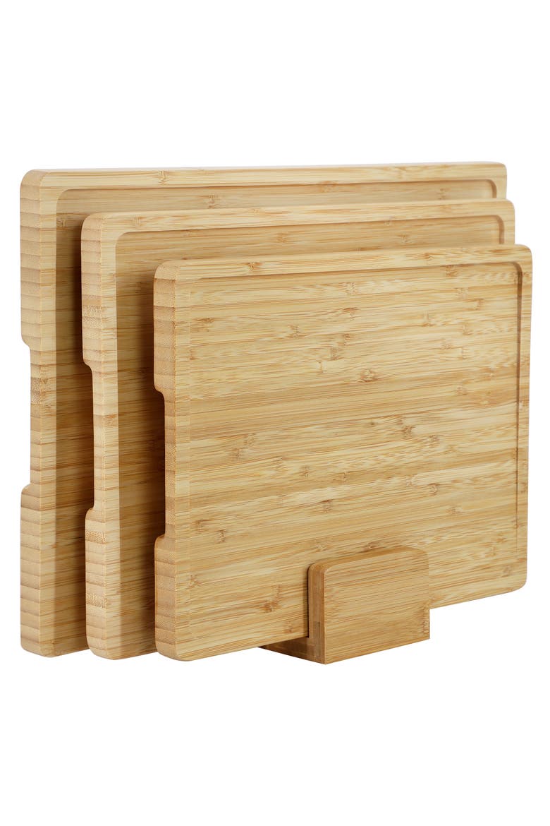 3 Piece Natural Wood Cutting Board Set with Base, Alternate, color, Bamboo