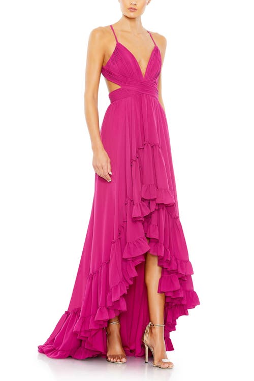 Mac Duggal Pleated Tiered Cut Out Sleeveless Gown In Fuchsia