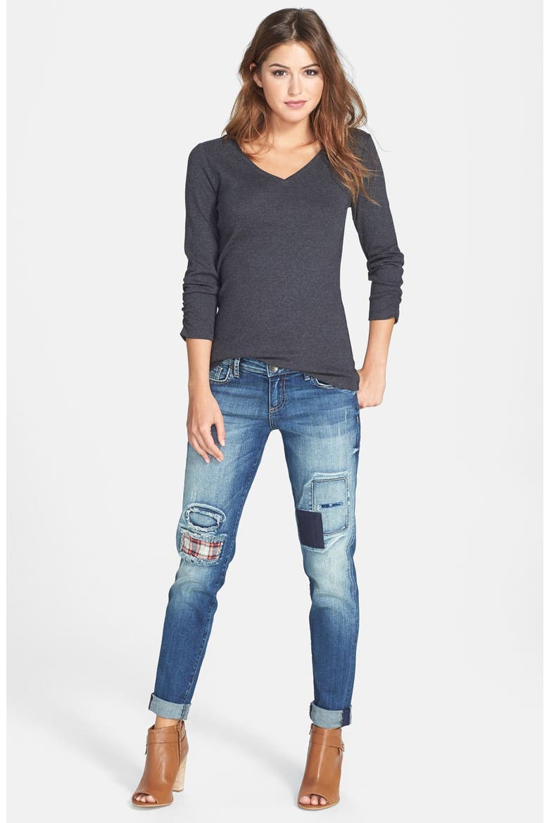 Ruched Three Quarter Sleeve V-Neck Tee, Alternate, color, HEATHER CHARCOAL