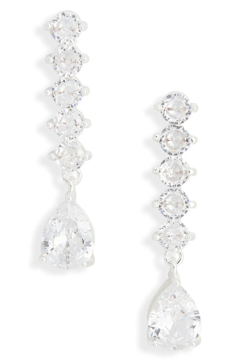 Cubic Zirconia Linear Drop Earrings, Main, color, CLEAR- SILVER