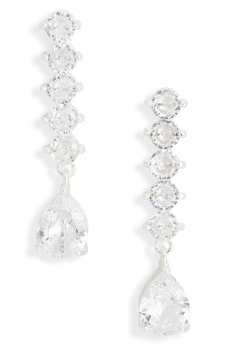 NORDSTROM RACK Cubic Zirconia Linear Drop Earrings, Main, color, Clear- Silver