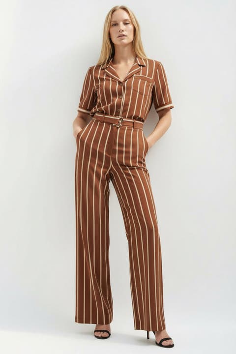 Striped Belted Wide Leg Pants