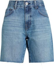AG Ex-Boyfriend Distressed Raw Hem Mid Length Denim Shorts