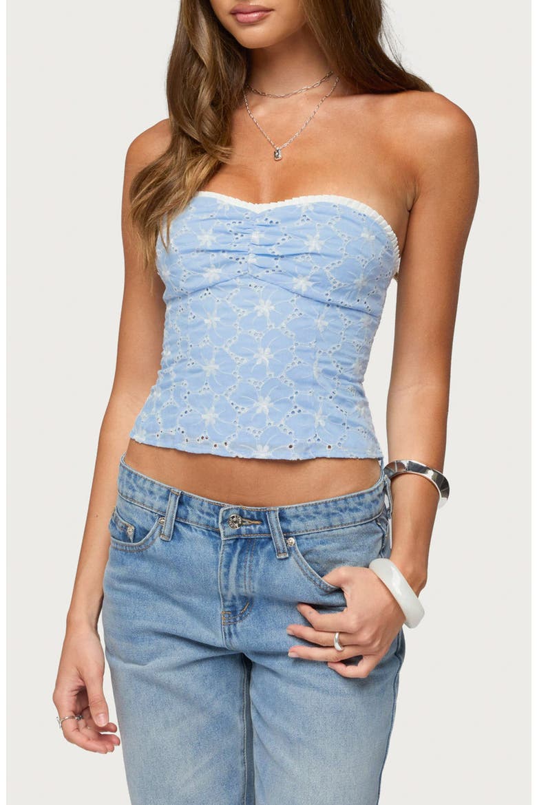 Zeffey Eyelet Strapless Corset Top, Alternate, color, LIGHT-BLUE