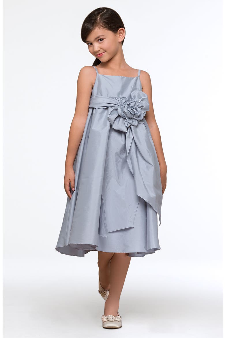 Empire Waist Flower Sash Dress, Main, color, PEWTER