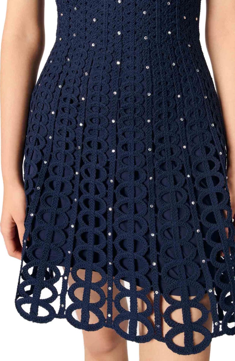 maje Rhinestone crochet mini dress, Alternate, color, 