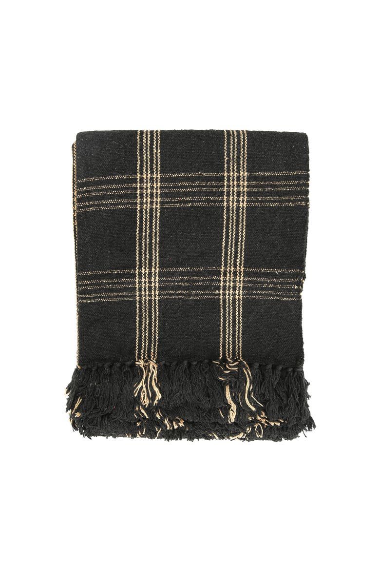 Soft Woven Reclaimed Cotton Blend Throw with Fringe, Black and Tan Plaid, Main, color, Black