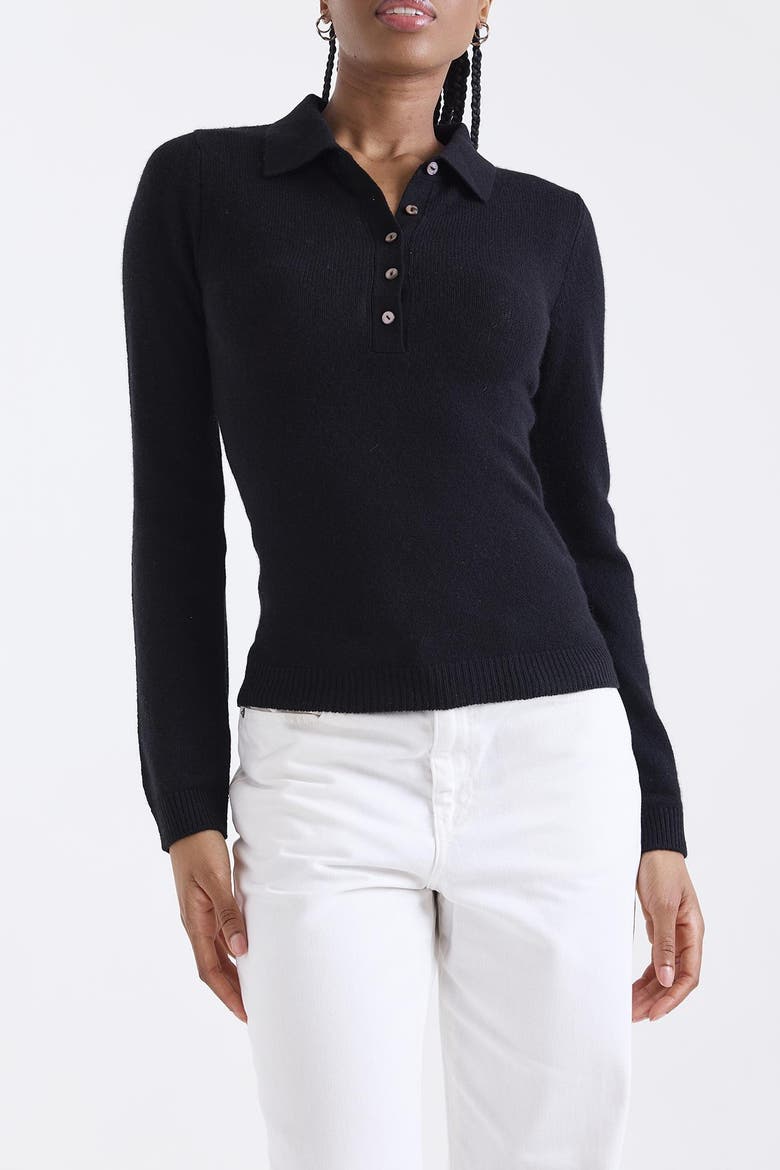 Amaya Button 100% Cashmere Polo Top, Alternate, color, BLACK