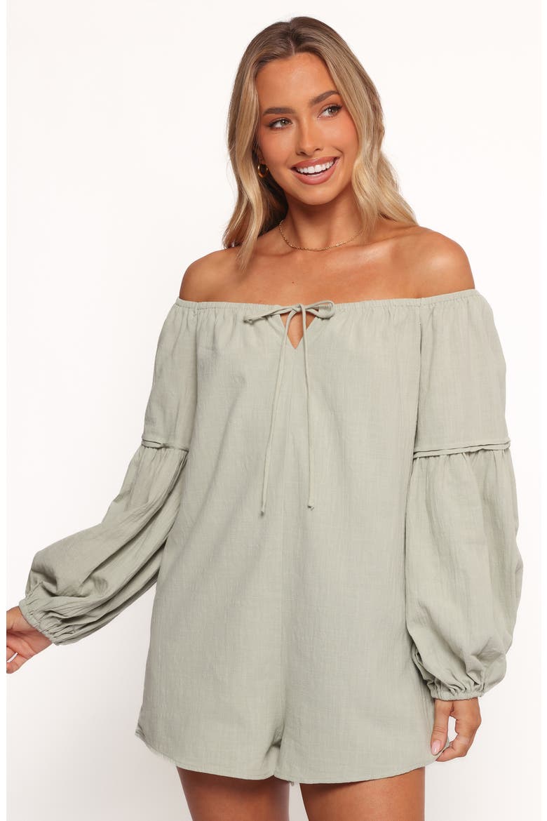 Anette Off the Shoulder Long Sleeve Cotton Romper, Alternate, color, SAGE