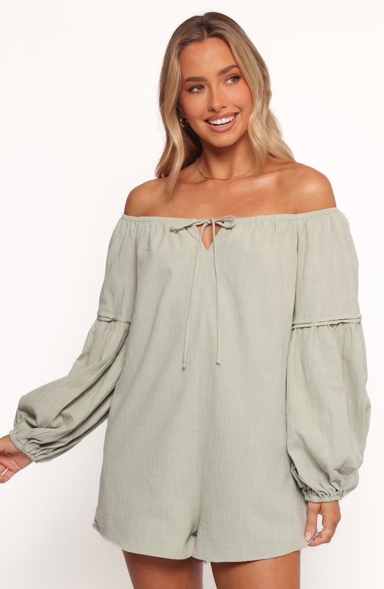 Petal & Pup Anette Off the Shoulder Long Sleeve Cotton Romper, Alternate, color, Sage