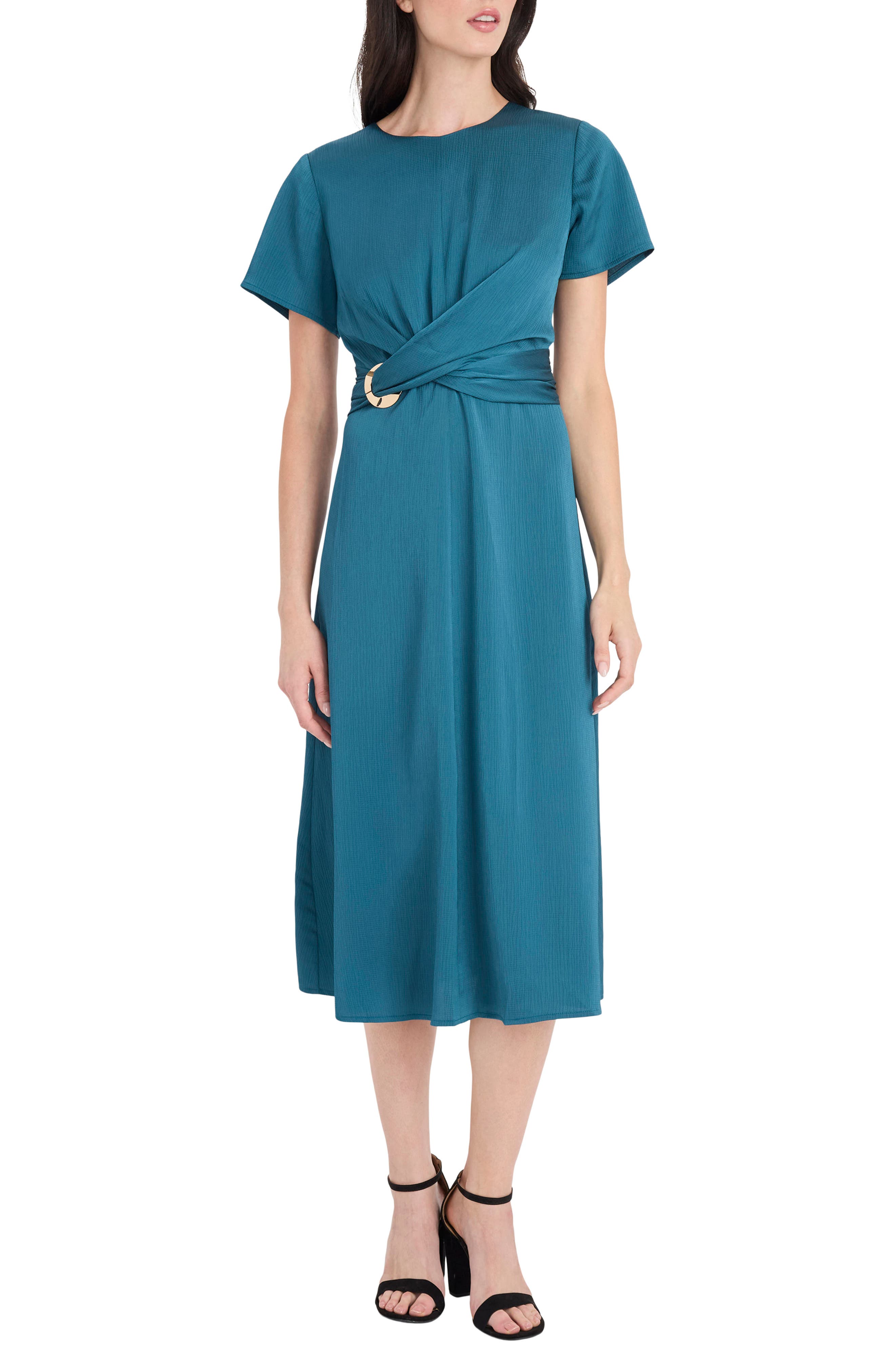 Maggy London Buckle Detail Hammered Satin Midi Dress