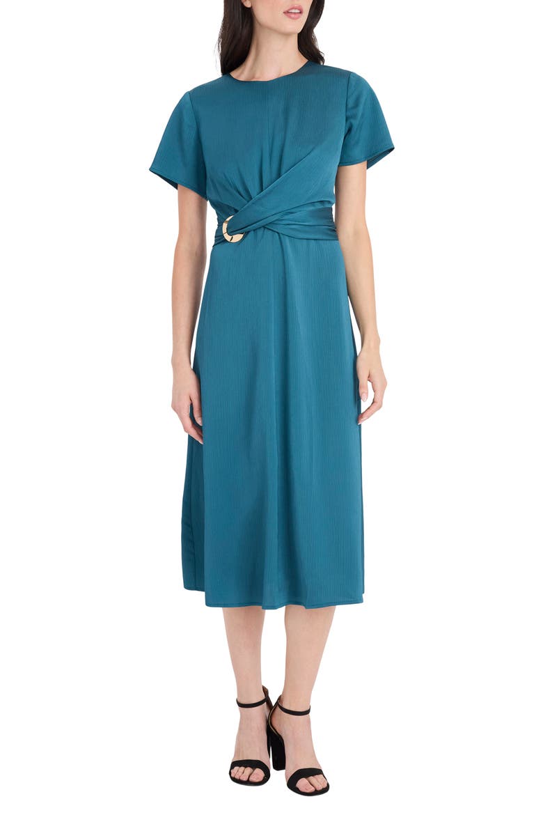 Buckle Detail Hammered Satin Midi Dress, Main, color, GREEN HERON