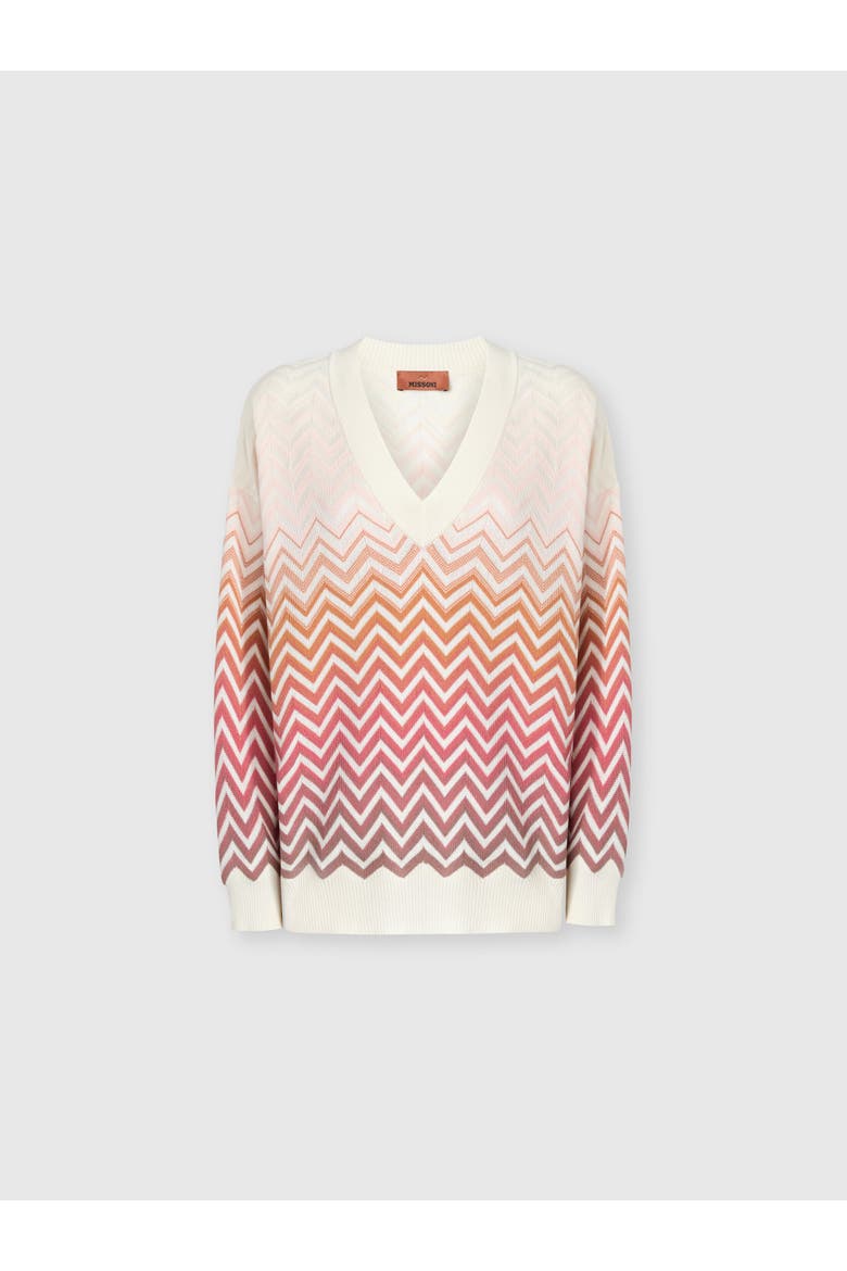 V-neck Pullover In Cotton And Viscose Chevron Dégradé, Alternate, color, Lilac& Rust