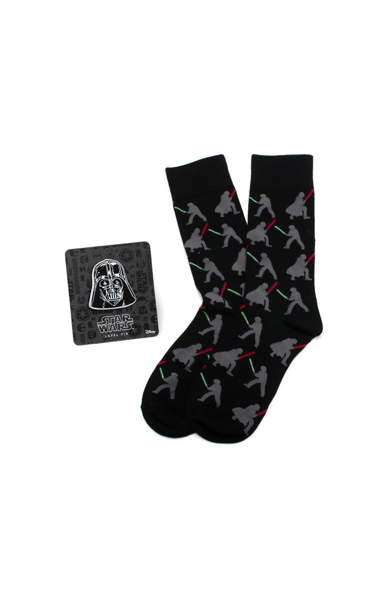 Cufflinks, Inc. Darth Vader Luke Lightsaber Battle Crew Socks & Lapel Pin Gift Set, Main, color, Multi