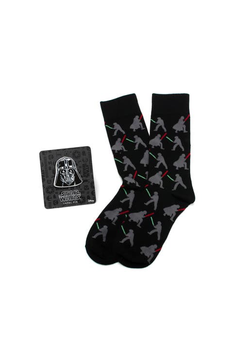 Darth Vader Luke Lightsaber Battle Crew Socks & Lapel Pin Gift Set