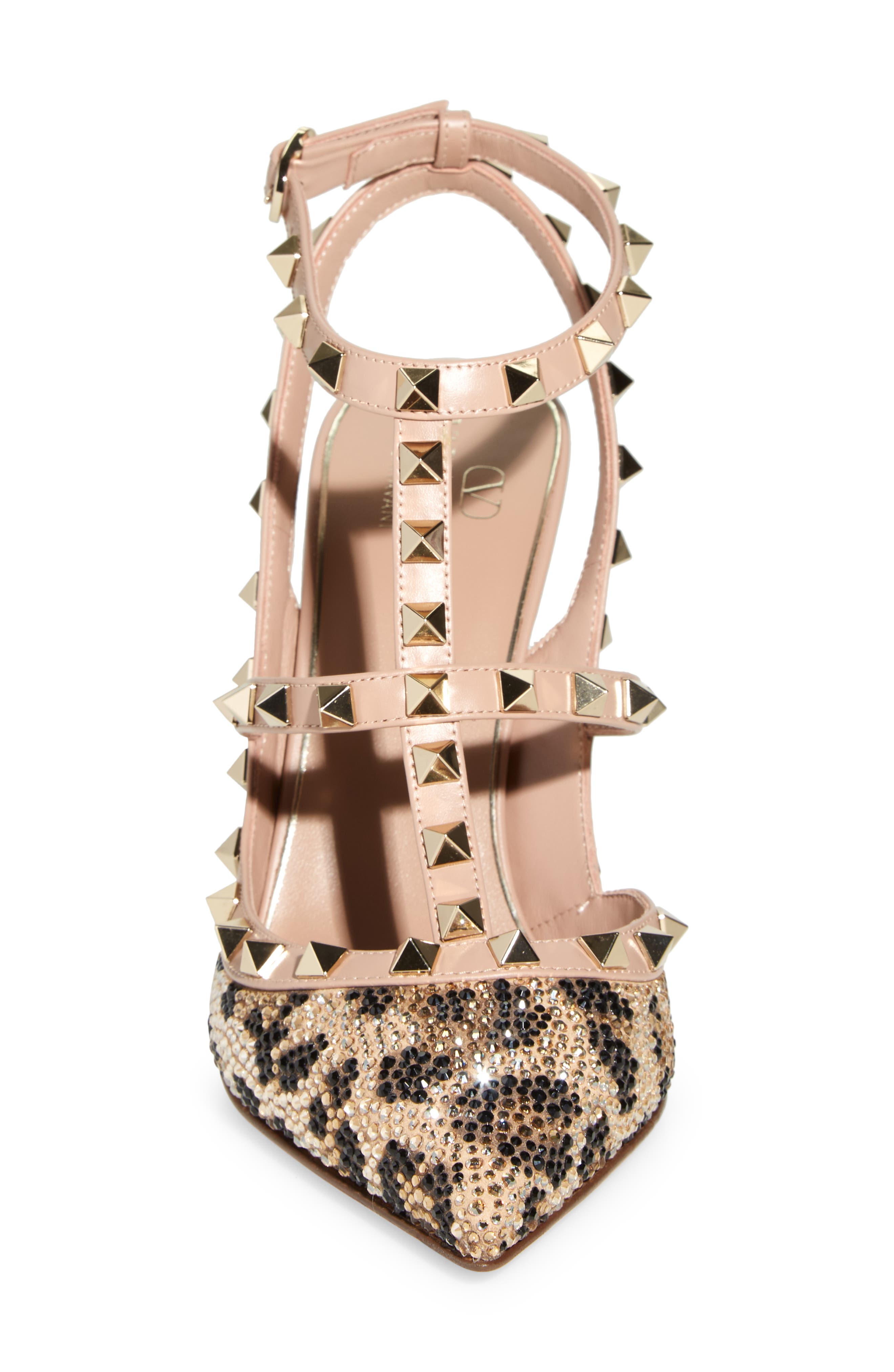 Valentino Garavani Rockstud Crystal Leopard Spot Pointed Toe T-Strap Pump, Alternate, color, 