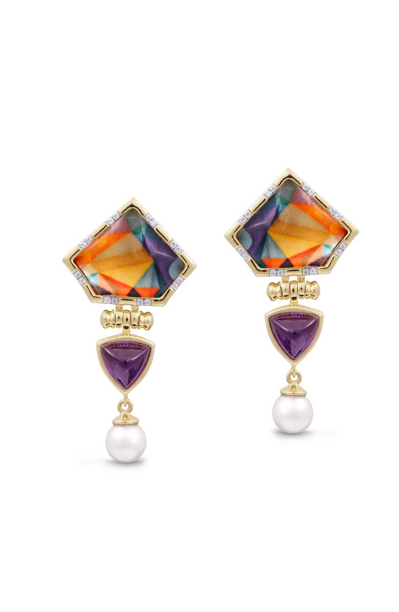 LuvMyJewelry Mysterious Mayhem Amethyst Gemstone Diamond Pearl Yellow Gold Plated Silver Earrings, Main, color, 14Kt Gold Vermeil On Sterling