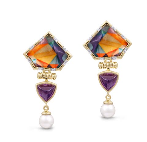 Mysterious Mayhem Amethyst Gemstone Diamond Pearl Yellow Gold Plated Silver Earrings