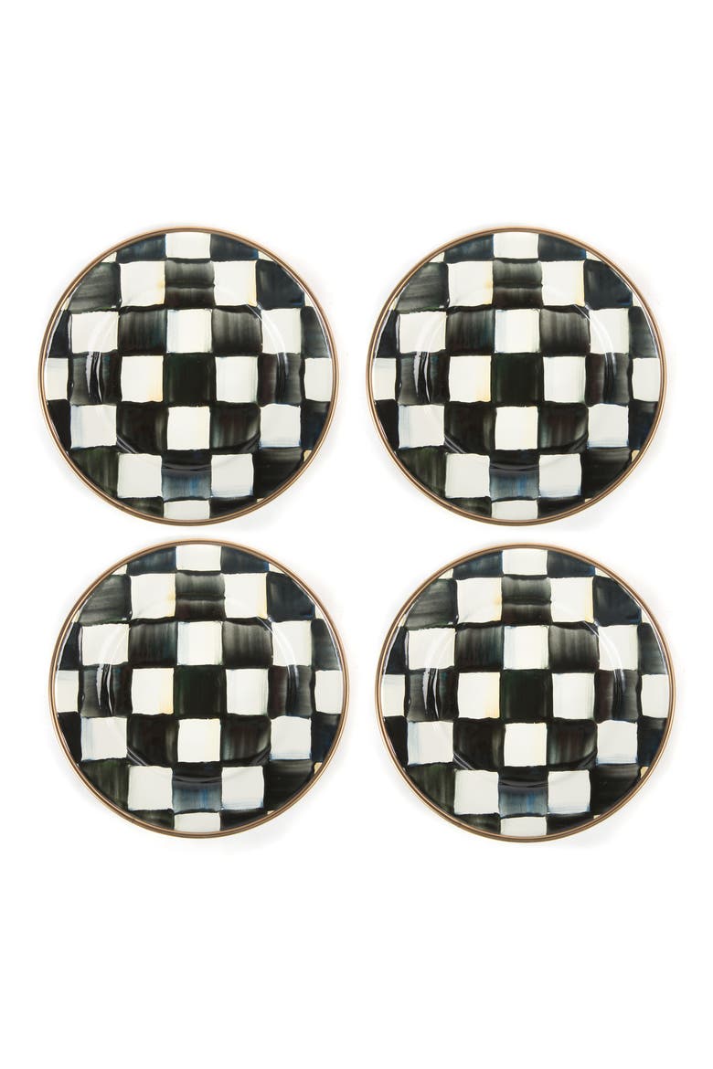 Courtly Check Set of 4 Enameled Steel Appetizer Plates, Main, color, BLACK/ WHITE