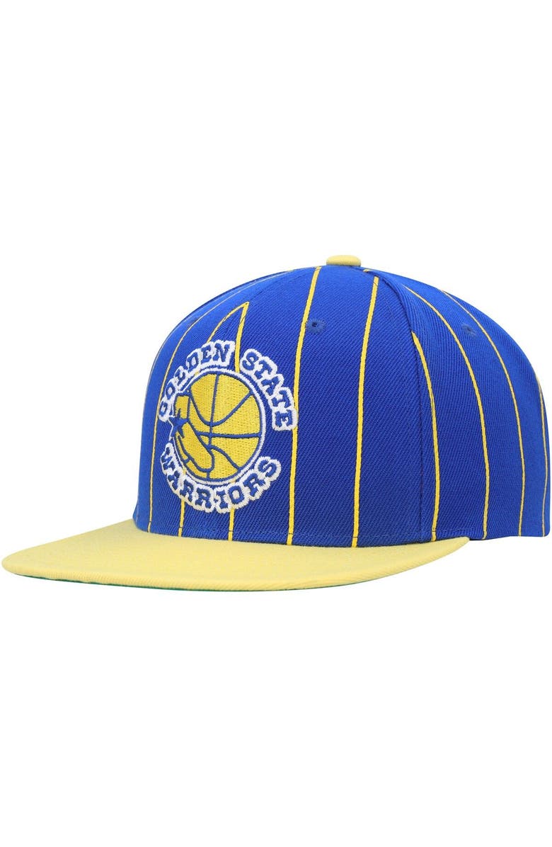 Mitchell & Ness Men's Mitchell & Ness Royal/Gold Golden State Warriors Hardwood Classics Pinstripe Snapback Hat, Alternate, color, 