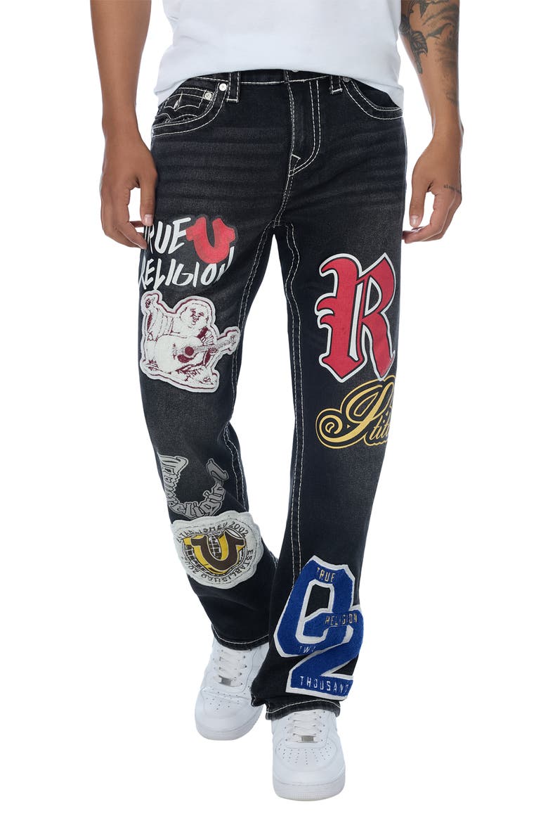 Ricky Big T Flap Patches Straight Jeans, Main, color, FRINGE SMOKE BLACK WASH