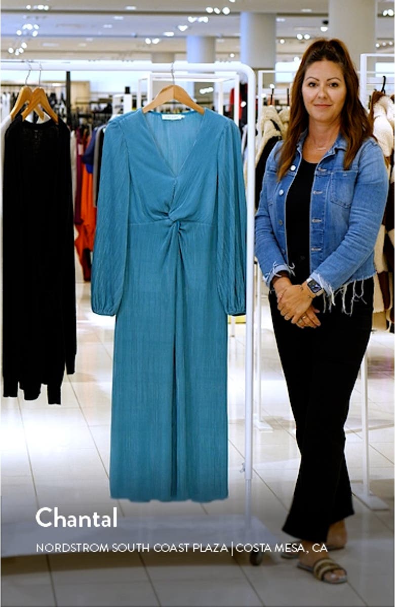 V-Neck Long Sleeve Plissé Midi Dress, sales video thumbnail