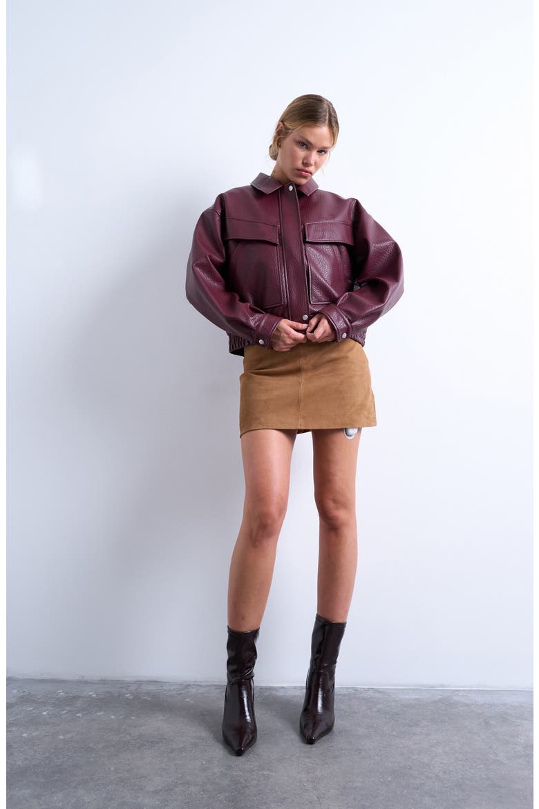 Bubble Boxy Faux Leather Jacket, Alternate, color, BURGUNDY