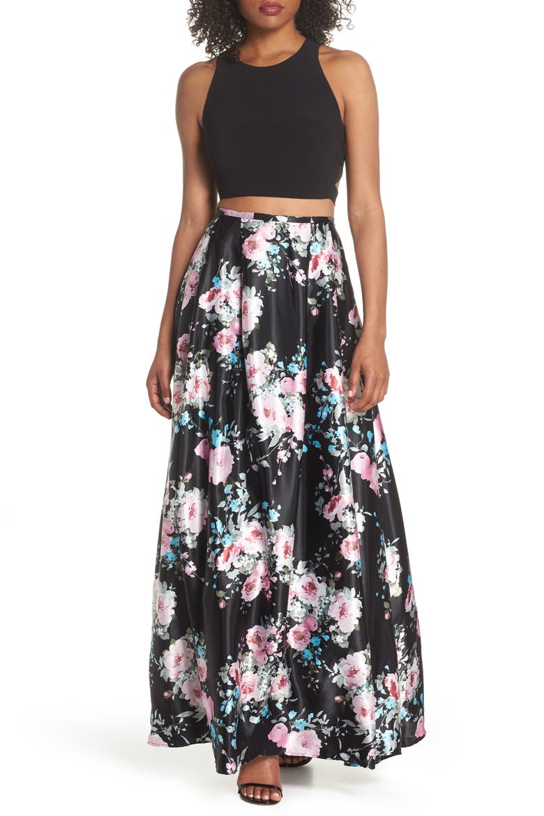 Two-Piece Ballgown, Main, color, BLACK/ FLORAL