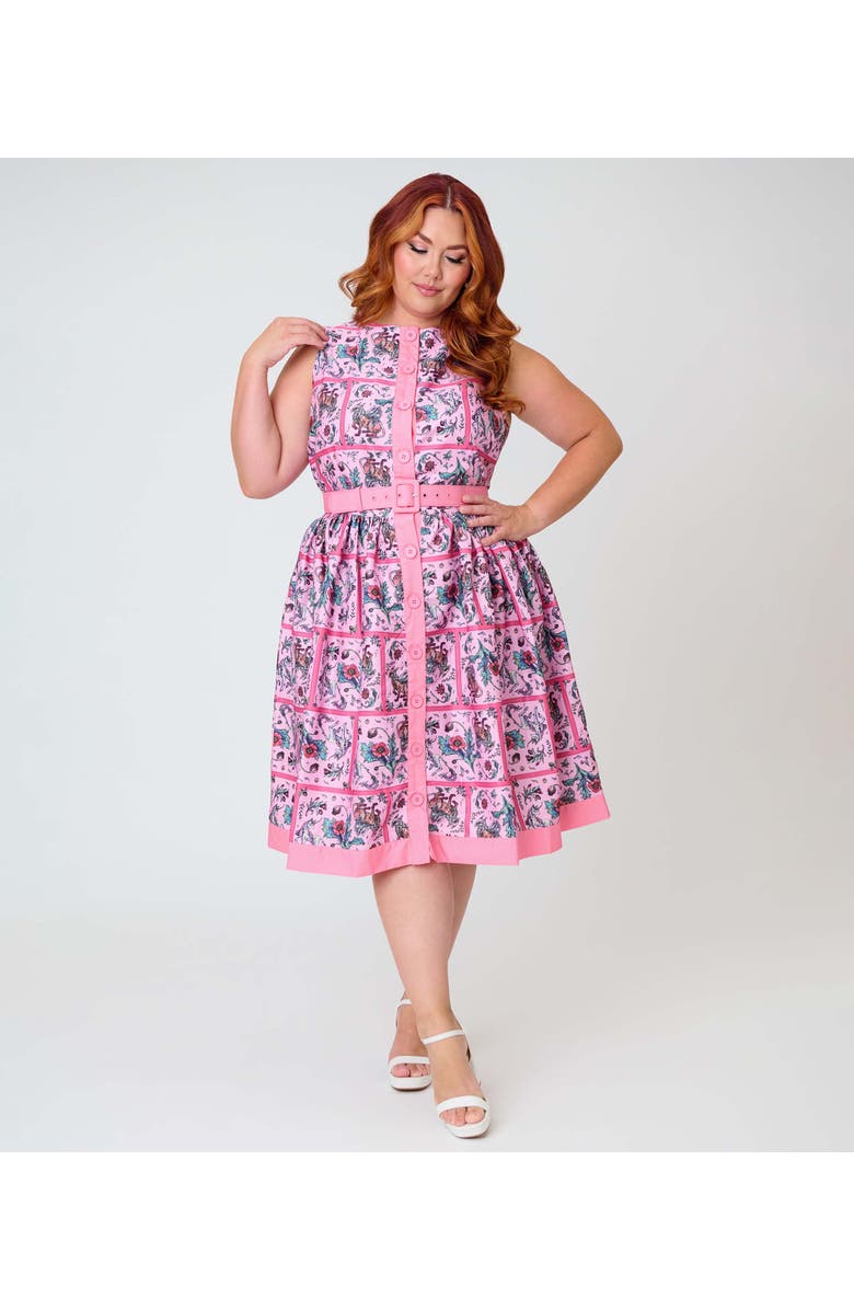 Unique Vintage Pluse Size Sleeveless Button Swing Dress, Main, color, Pink Floral Print