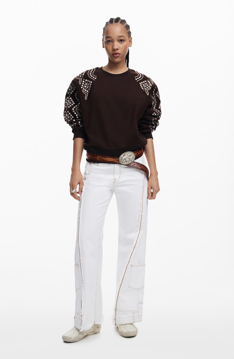 Desigual Embroidered Sleeve Sweatshirt, Alternate, color, Brown