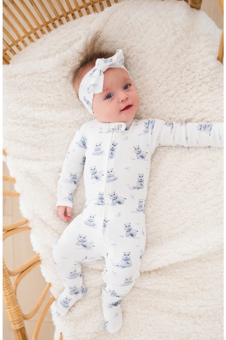 Hippo Print Fitted One-Piece Organic Cotton Footie Pajamas, Alternate, color, BABY HIPPO