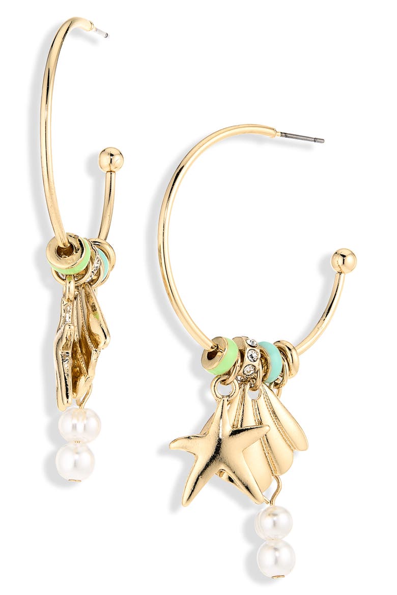 Sealife Charm Hoop Earrings, Main, color, WHITE- GOLD