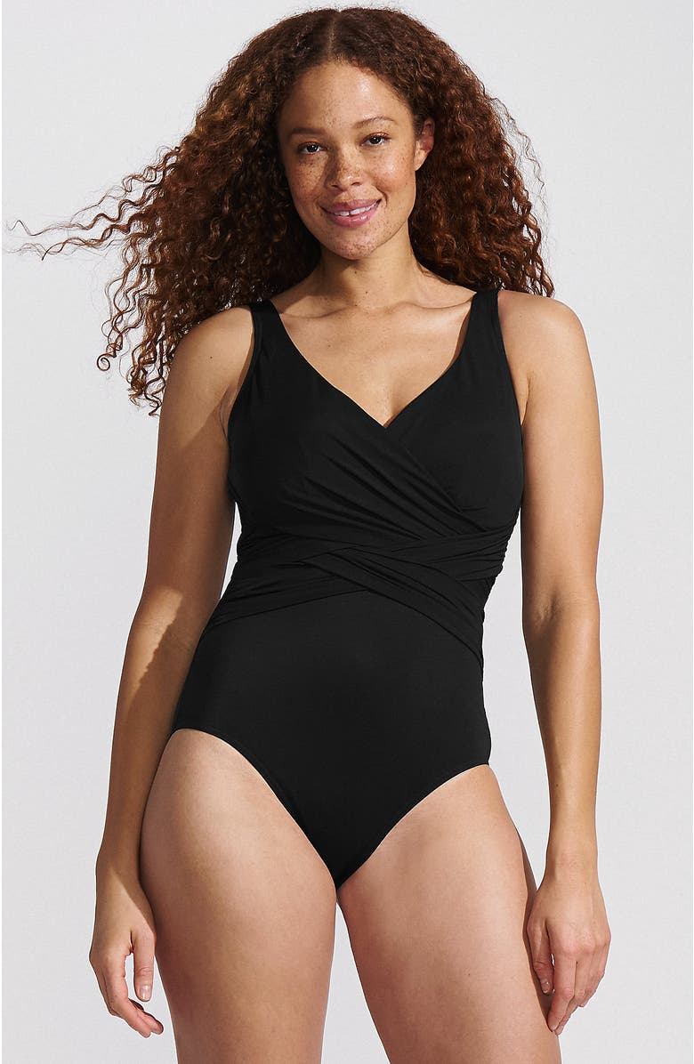 Lands' End Plus Size DD-Cup Slender Tummy Control Chlorine Resistant Wrap One Piece Swimsuit, Alternate, color, Black
