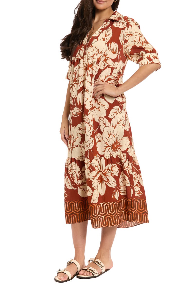 Floral Empire Waist Midi Dress, Alternate, color, RED OCHRE/ECRU