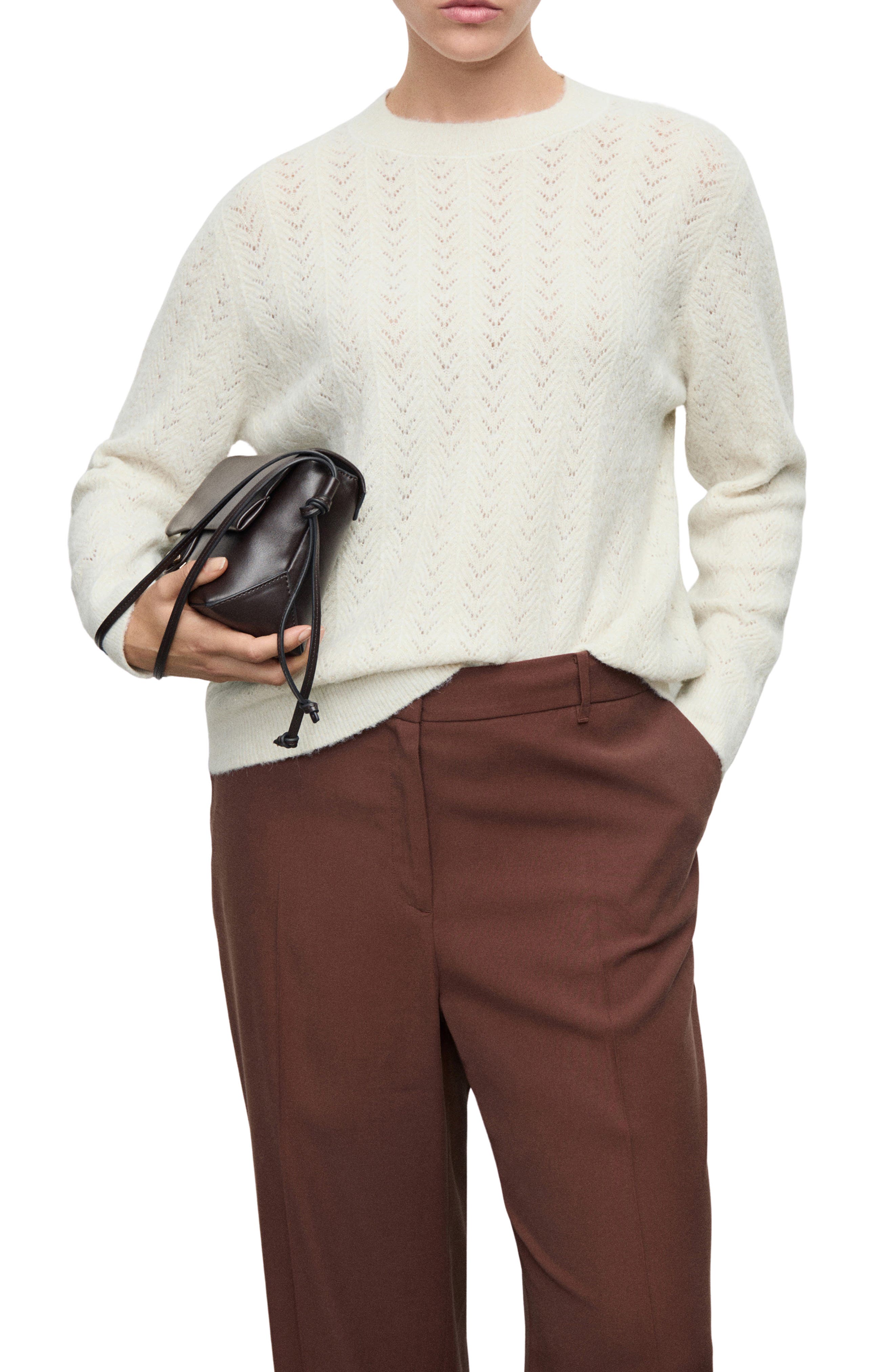 MANGO Metallic Pointelle Cable Knit Sweater