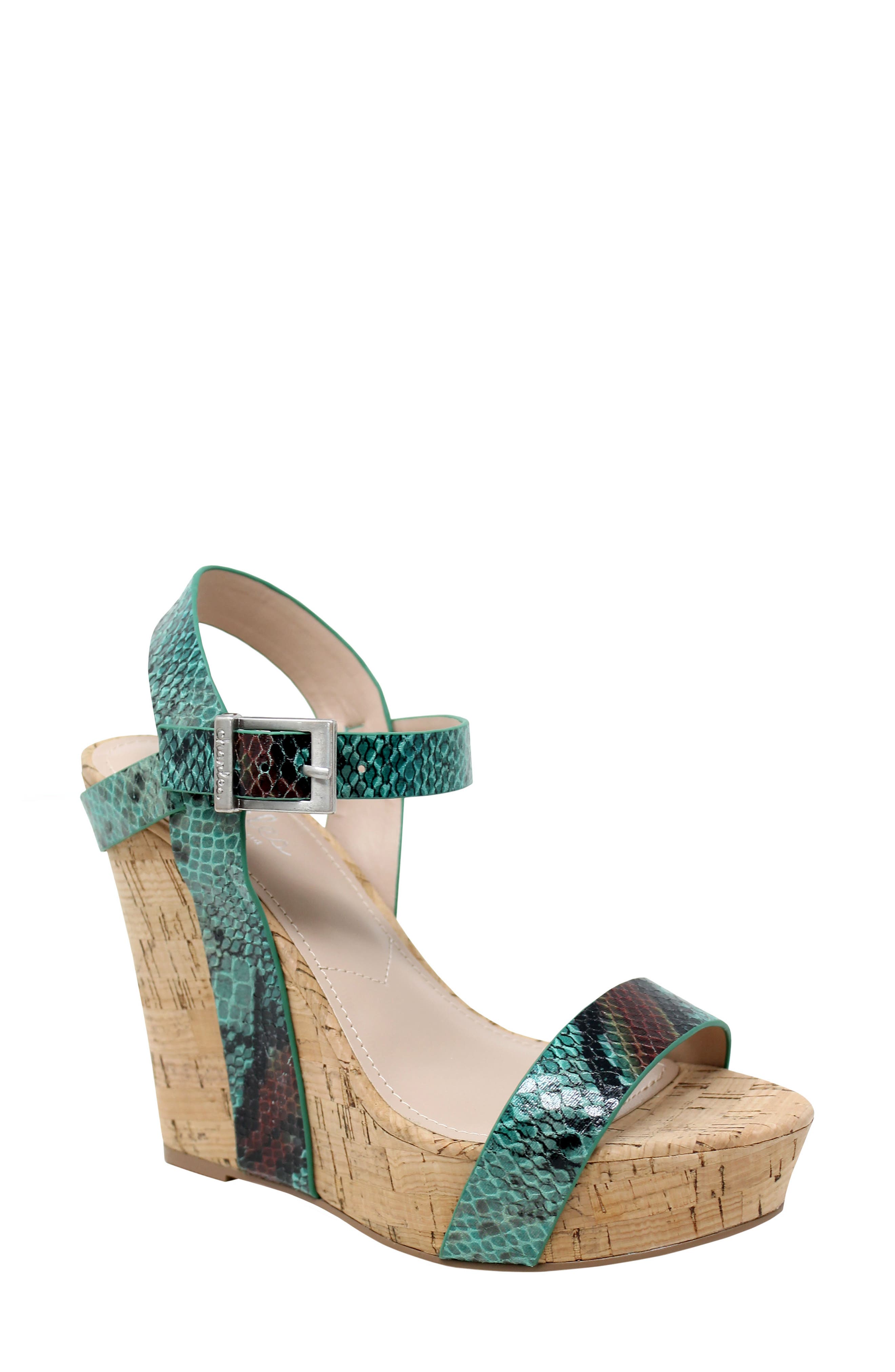 Army Wedge Sandal, Main, color, TURQUOISE/ BROWN FAUX LEATHER