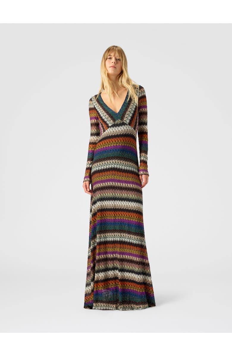 Missoni Flared Long Dress With V-neck And Long Sleeves, Alternate, color, Multicoloured
