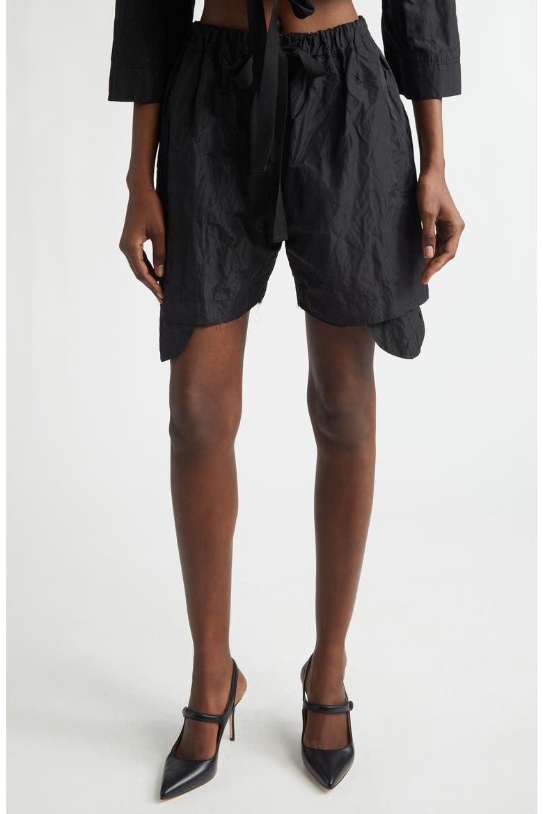 Gigi Raw Edge Crinkled Metallic Satin Shorts, Main, color, BLACK