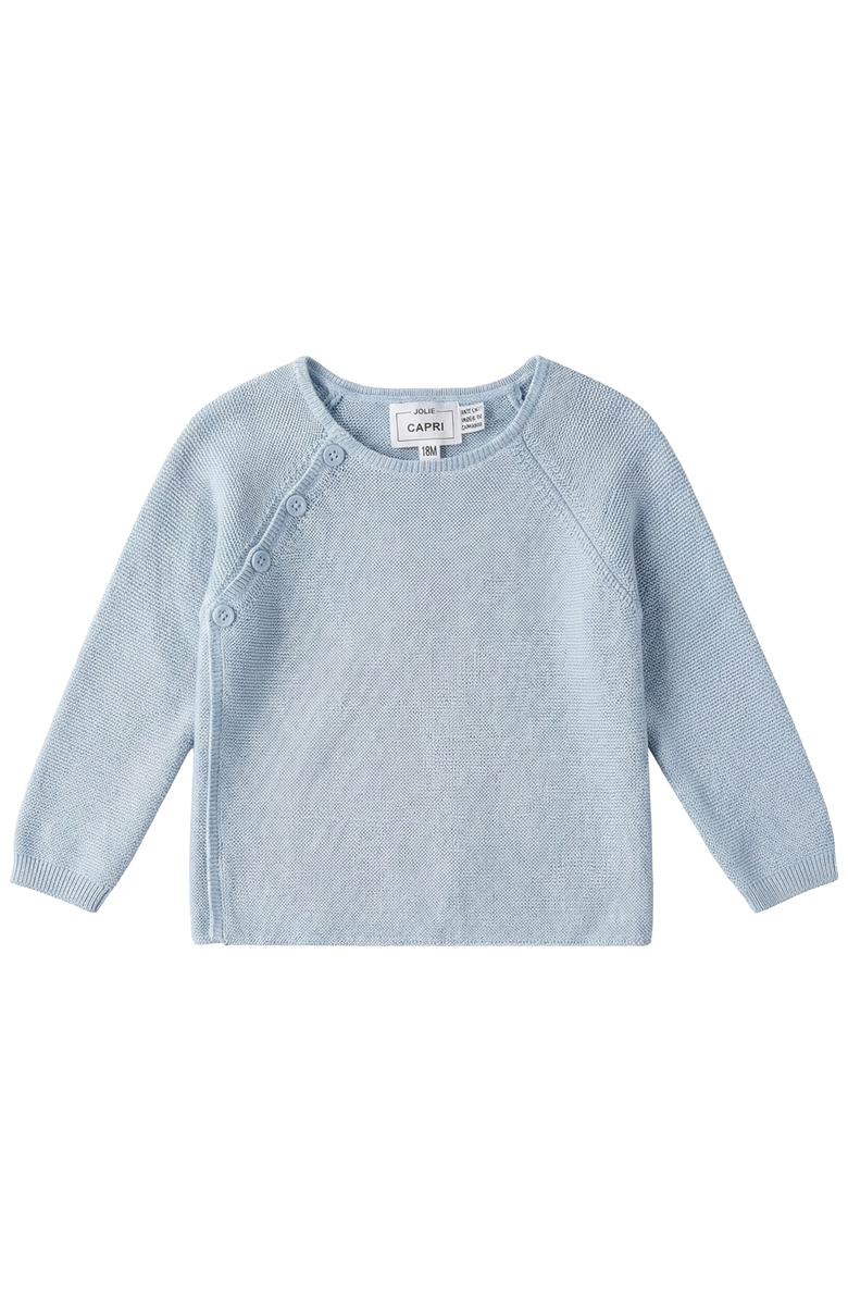 Jolie Capri Boy Wrap Asymmetrical Button Decorative Stitching Cotton Knit Cardigan, Main, color, Blue