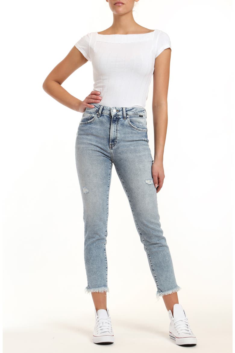 Star High Waist Distressed Fray Hem Straight Leg Jeans, Alternate, color, RIPPED BLUE RECYCLED DENIM