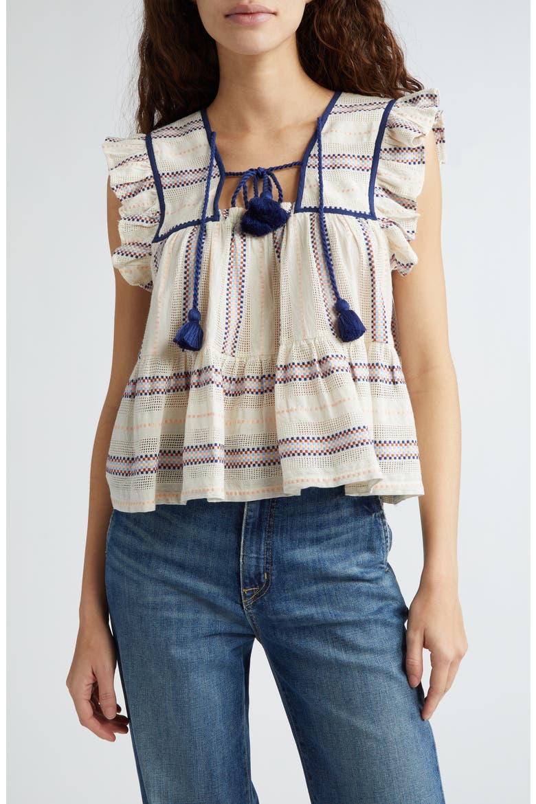 Chelsea Ruffle Cotton Blend Top, Main, color, OKEEFFE STRIPE